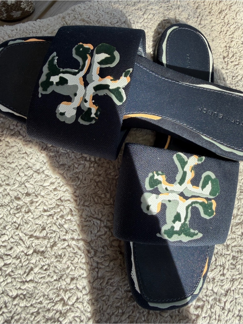Tory Burch Navy Slide Sandals with Green & Cream Logo Detail
